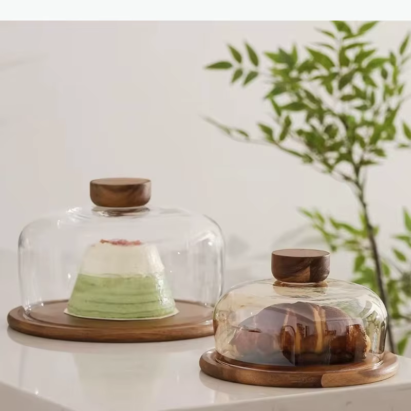Plateau à gâteau en bois avec couvercle en verre, assiette à dessert, assiettes décoratives, assiettes de présentation, assiette à pâtisserie, plateau à thé, bol à fruits, plat à dim sum