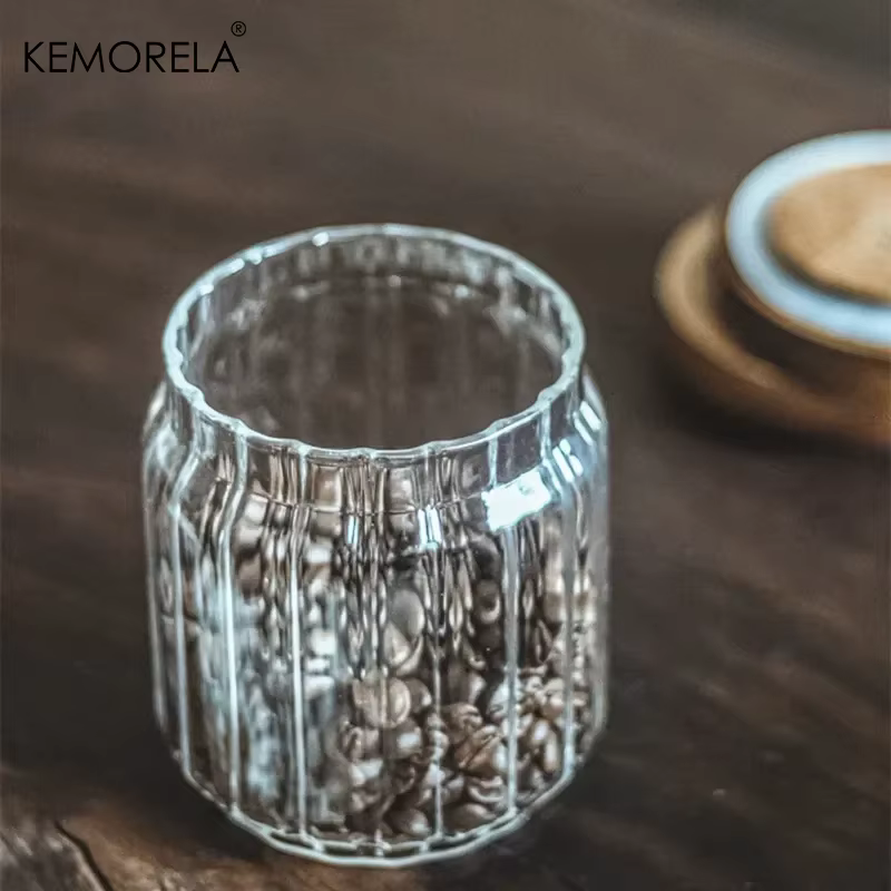 Pot de stockage en verre avec couvercle en bois d'acacia