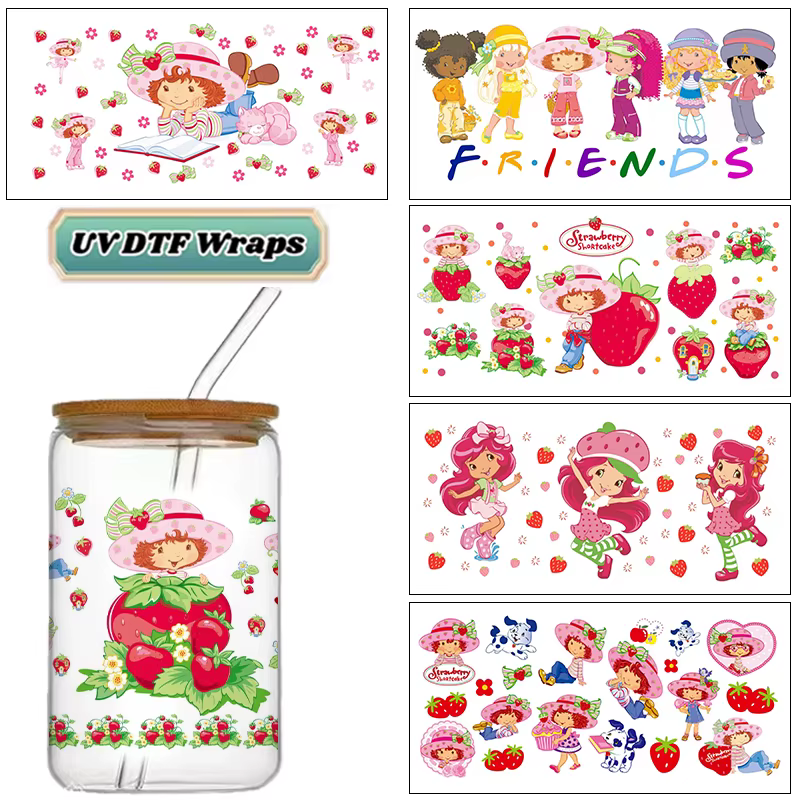 Autocollants UV DTF Fraise Douce pour Filles, Motifs Fruits et Fleurs Mignons pour Bouteilles en Verre de 16 oz, Décalcomanies de Transfert DIY Imperméables