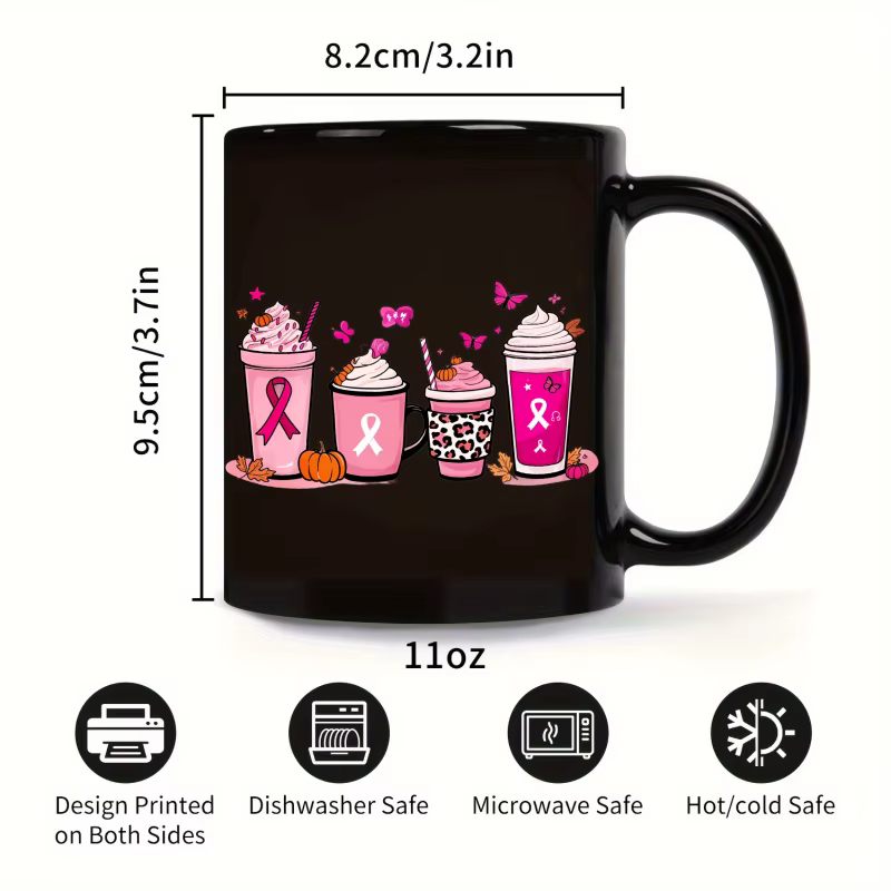 Tasse à café noire avec ruban rose et boisson tombante pour la sensibilisation au cancer du sein et la saison d'automne
