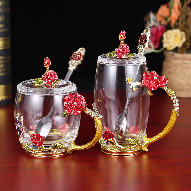 Tasse d'eau en verre émaillé en relief fleur de Rose