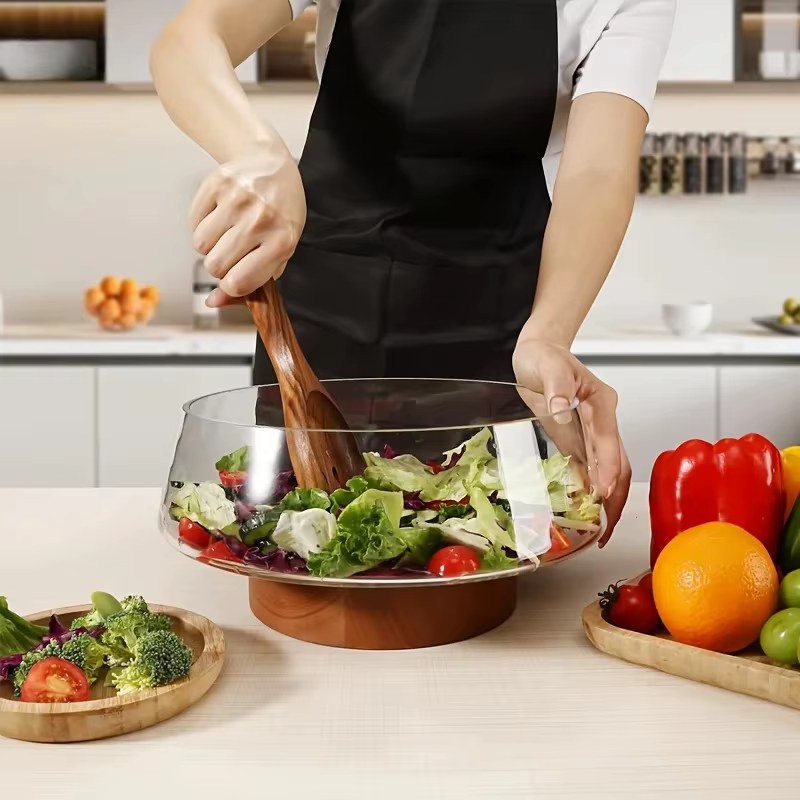 Ensemble de 1 saladier en verre avec base en bois