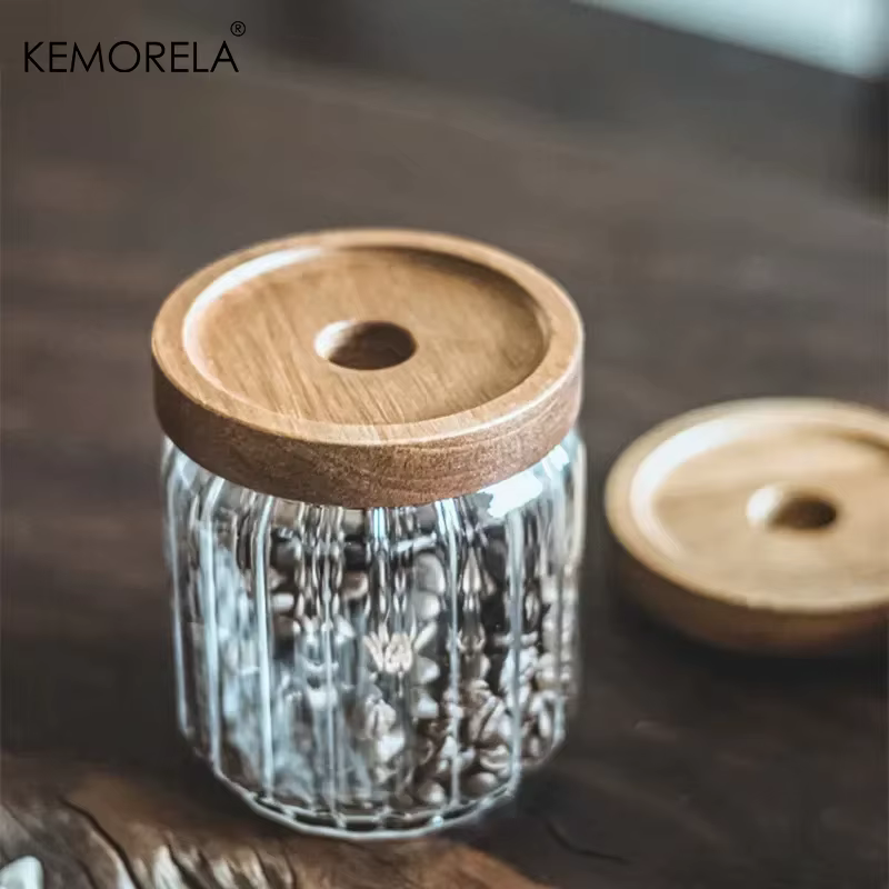 Pot de stockage en verre avec couvercle en bois d'acacia