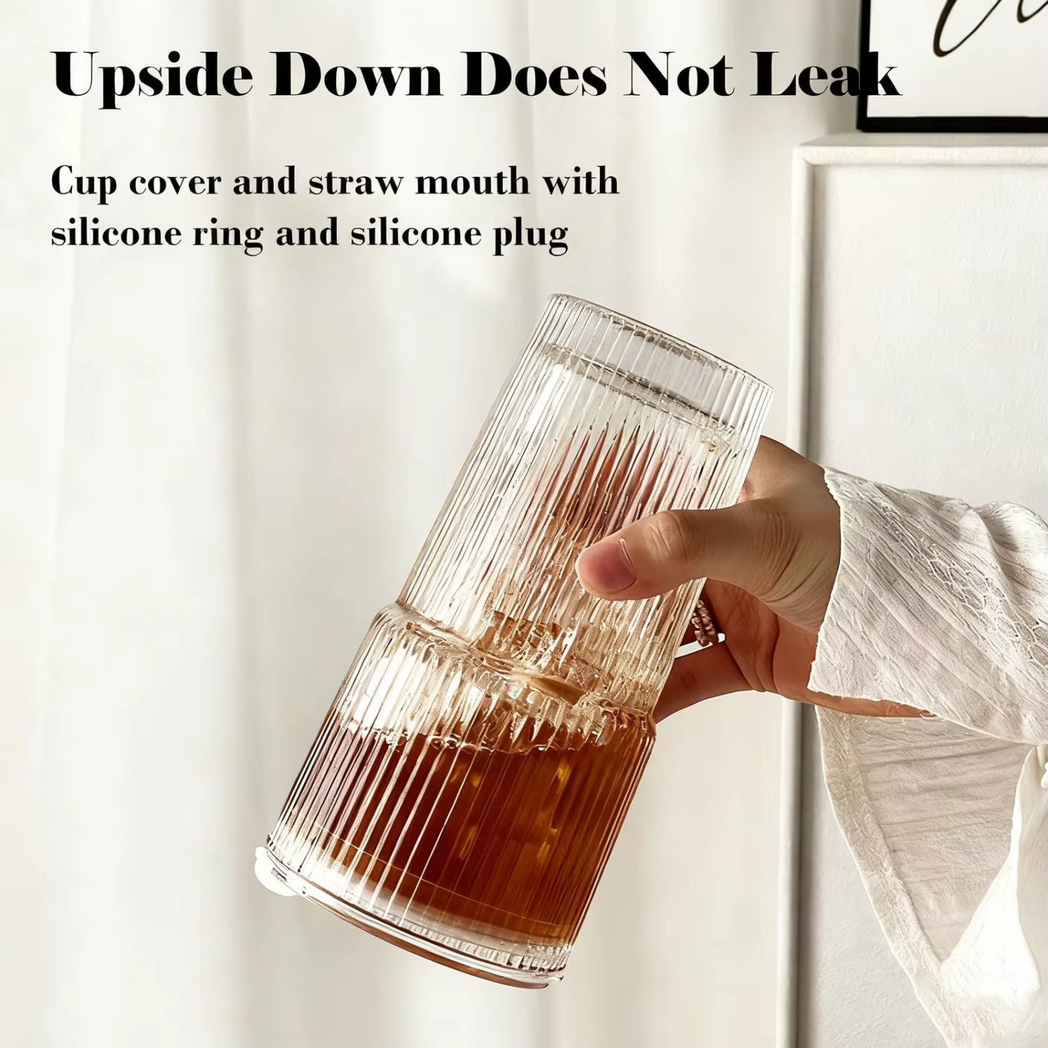 Lot de 2 gobelets en verre côtelé transparent de 20 oz avec paille et couvercle