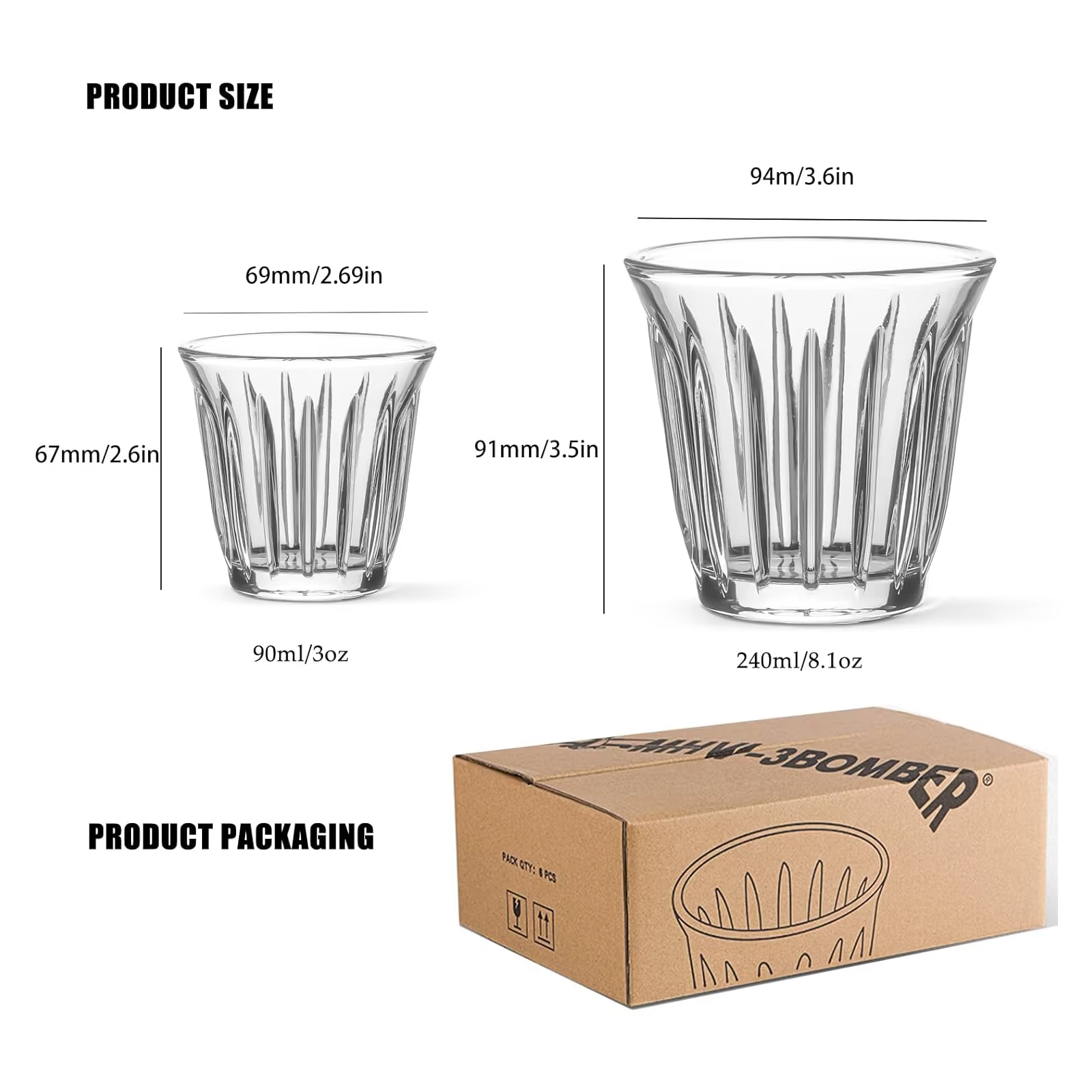 3BOMBER 90ml petites tasses en verre ensemble de 6 verres à boire