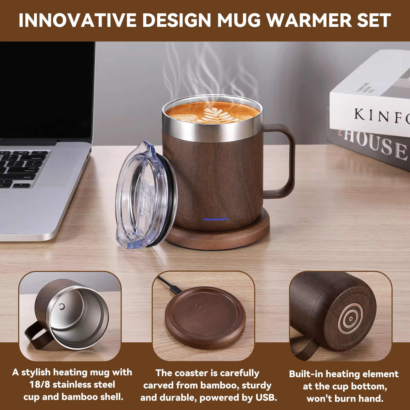 Tasse à café auto-chauffante Chauffe USB intelligent avec 55 ° C (131 ° F) Thermostat Double couche chauffe-tasse de qualité alimentaire pour bureau/maison/cadeaux