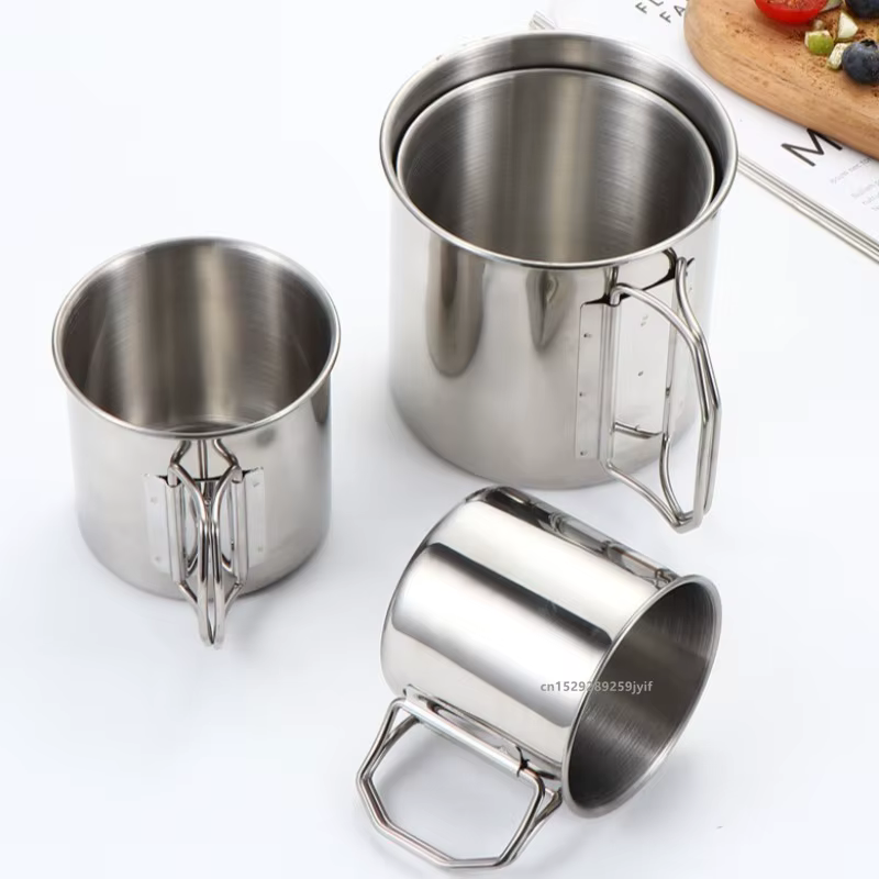 Tasse de Camping en acier inoxydable, 250/350/500/700ml, tasses d'alpinisme portables avec poignée pliable, tasse d'eau extérieure, verres