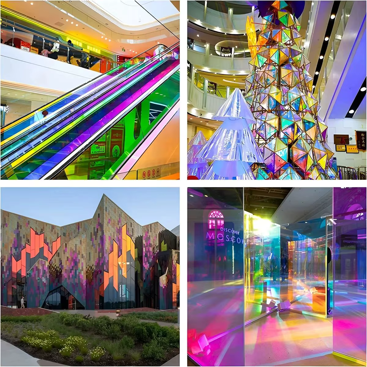 Teinte de fenêtre en verre de bâtiment dichroïque caméléon, Film décoratif coloré découpé UV pour centre commercial et bureau, vitrail auto-adhésif