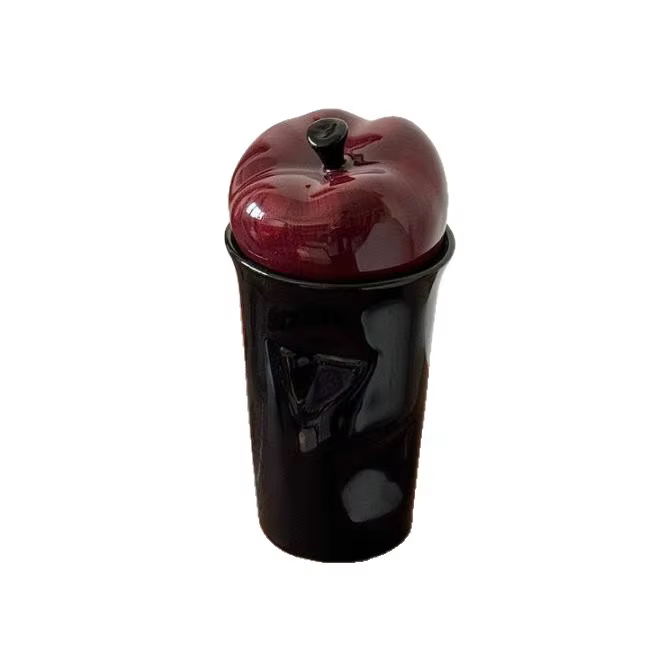 Tasse noire créative en céramique de 400ml, avec couvercle en forme de pomme, tasse à boire domestique, paire de tasses à café mignonnes