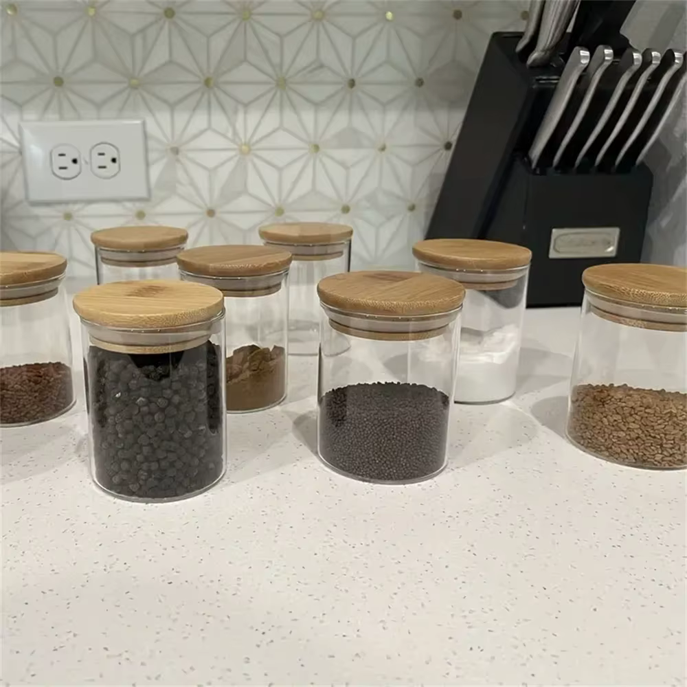 12 pots en verre avec couvercle en bambou 250 ml