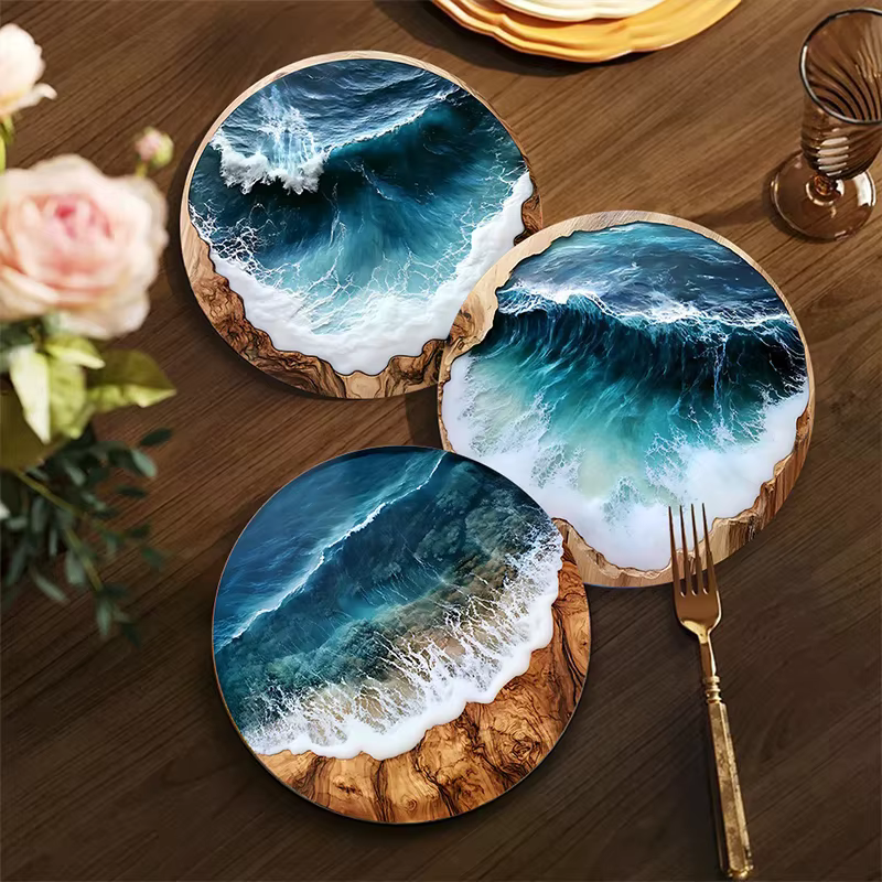 Ensemble de dessous de verre et de napperons ronds en bois bleu océan