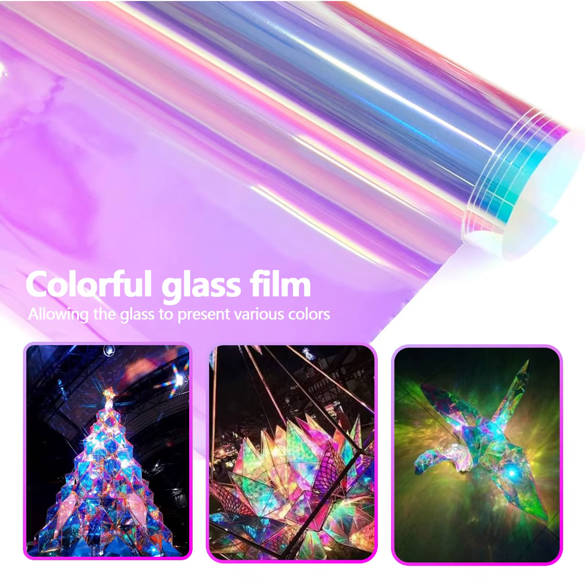 Film de fenêtre transparent holographique, Film de fenêtre décoratif coloré dichroïque pour centre commercial et bureau, vitrail auto-adhésif