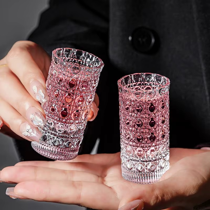Verre épaissi Mini ensemble de tasses d'eau de luxe Transparent motif en relief vin glace eau petite tasse