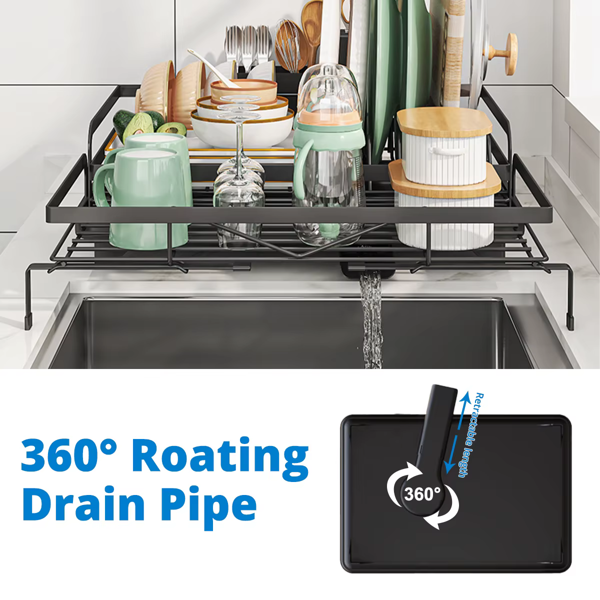 Égouttoir à vaisselle extensible avec porte-couverts et bec de drainage pivotant