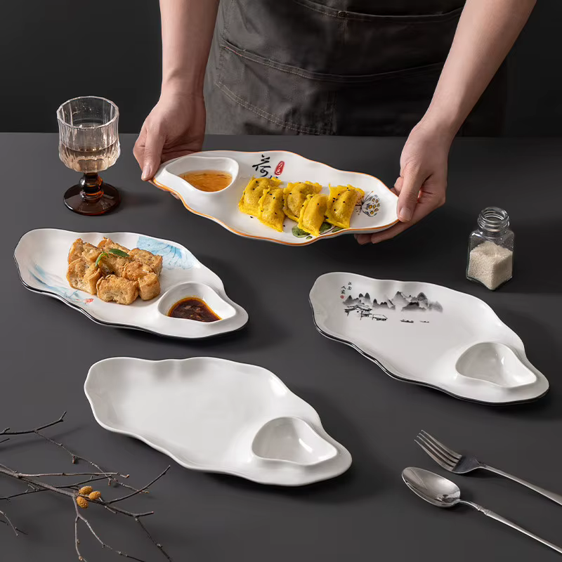 Assiette à raviolis 1 pièce avec coupelle à vinaigre, forme créative spéciale, pour restaurant et usage domestique, assiette à frites et raviolis, vaisselle de table domestique