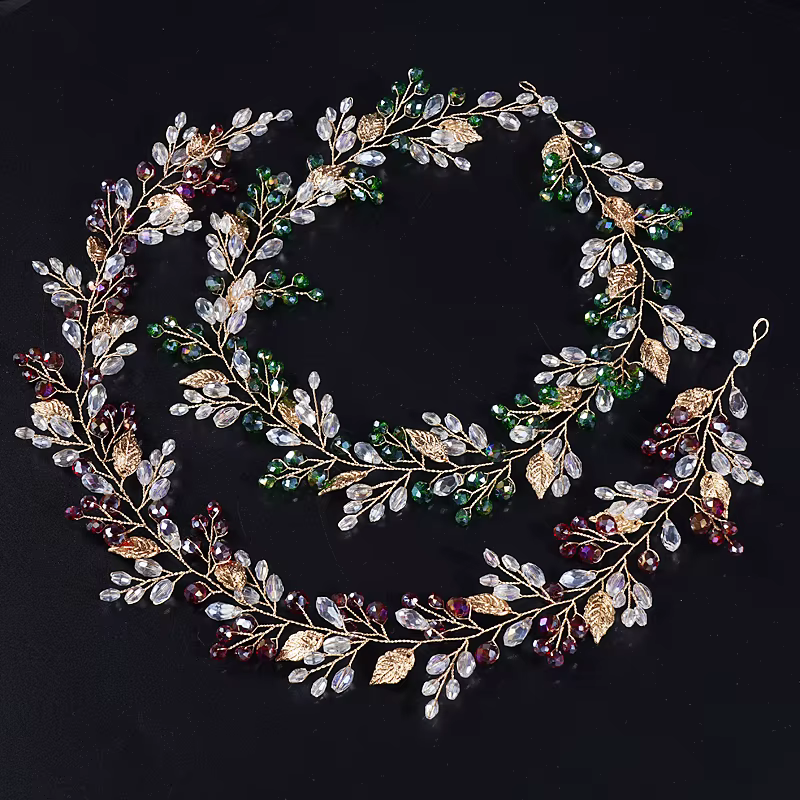 Coiffes de mariage en or pour mariée, bandeau de mariée fait à la main avec feuille, accessoires pour cheveux en cristal, vigne pour femmes
