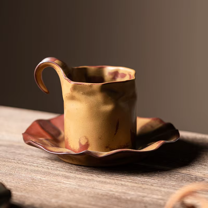 Tasse à café en céramique plissée de luxe léger japonais et ensemble S/05 er