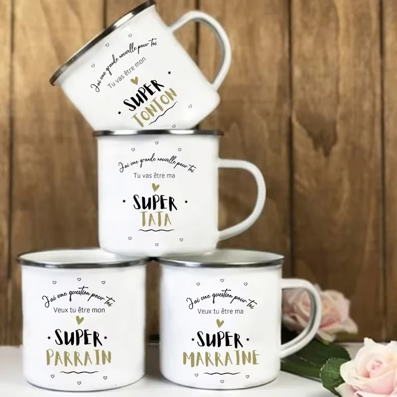 Tasse en émail imprimée française frère amis boisson lait tasses à café annonce de grossesse