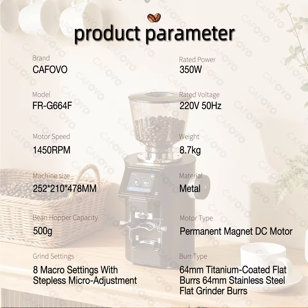 CAFOVO G664F moulin à café quantitatif de pesage professionnel 64mm fraise plate écran tactile broyeur à expresso pour Barista à domicile