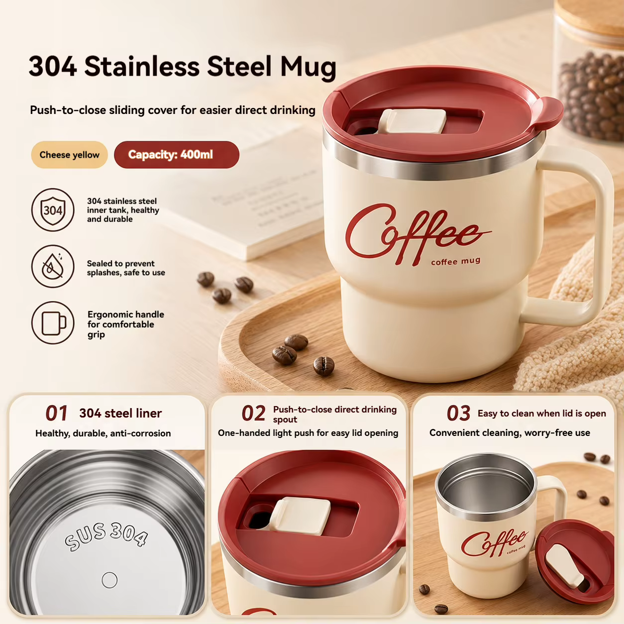 Mug à café en acier inoxydable de 400 ml avec poignée