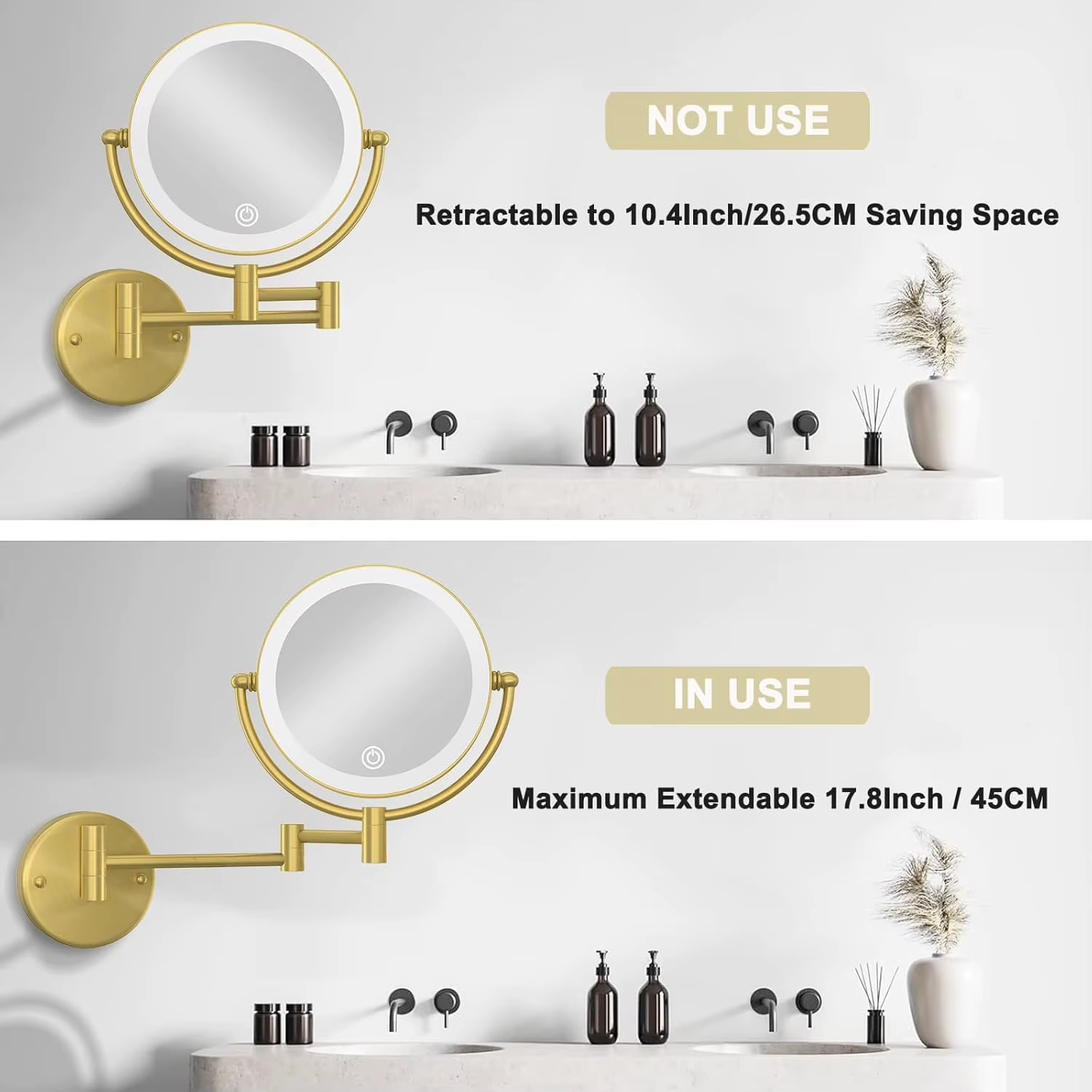 Miroirs de salle de bains Led or brossé, miroir de maquillage grossissant en laiton de qualité 10X, double bras, miroirs de salle de bains pliants Led dorés