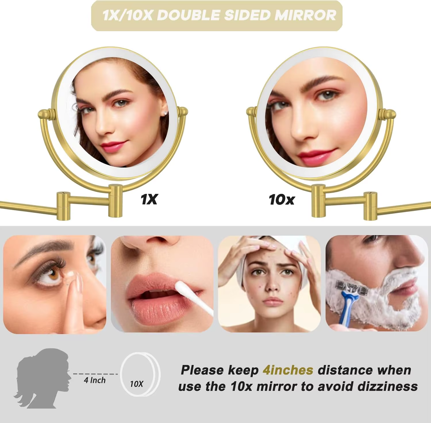 Miroirs de salle de bains Led or brossé, miroir de maquillage grossissant en laiton de qualité 10X, double bras, miroirs de salle de bains pliants Led dorés