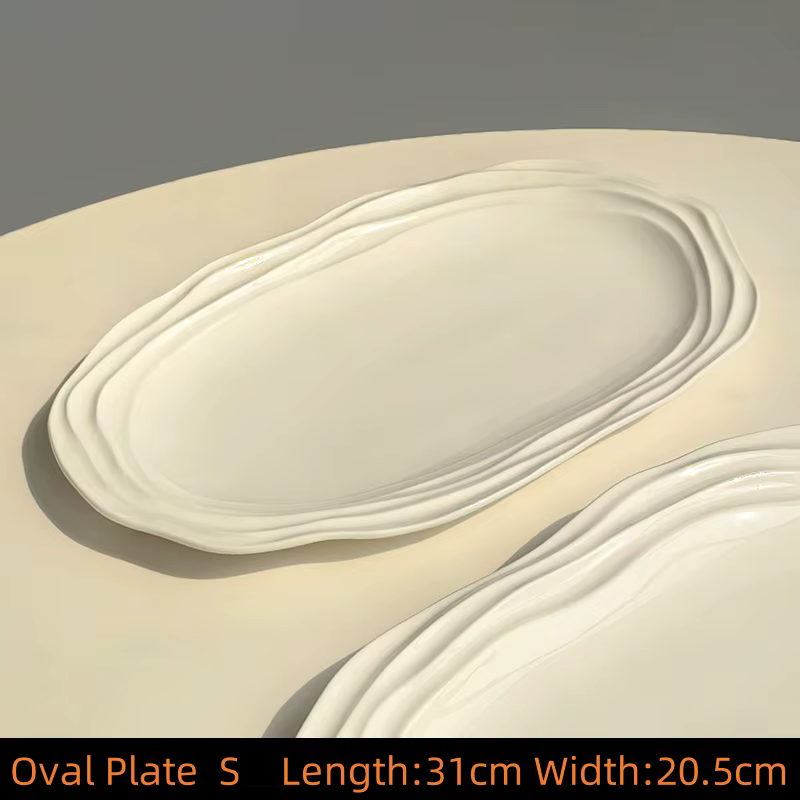 Assiettes ovales en céramique à motif ondulé français – Vaisselle de 12/10/8 pouces pour la maison