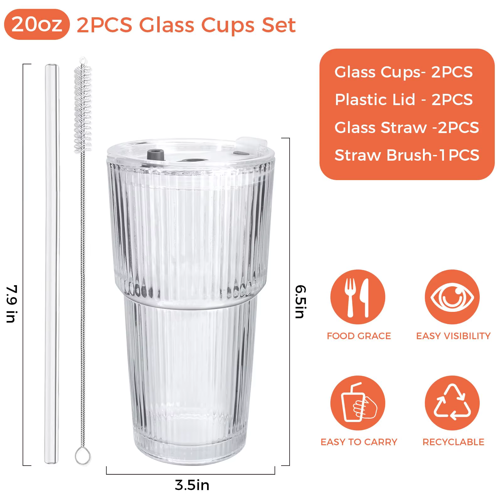 Lot de 2 verres à café glacé avec pailles