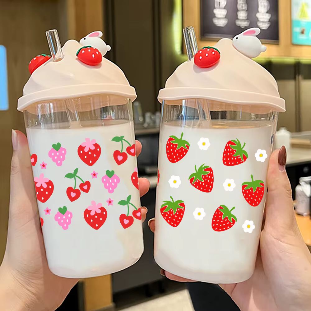 Kawaii fraise Design16oz verre mignon fille décalcomanies pour Libby tasses imperméable UV DTF Wrap transferts 3D autocollants