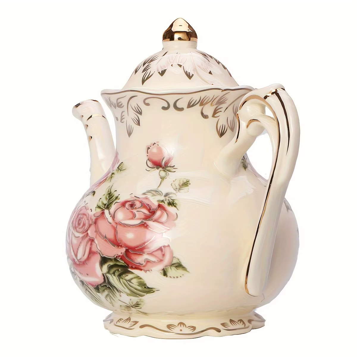 Théière en céramique rose / Tasse et soucoupe - Cafetière à bordure dorée - Cadeau élégant pour le thé de l'après-midi