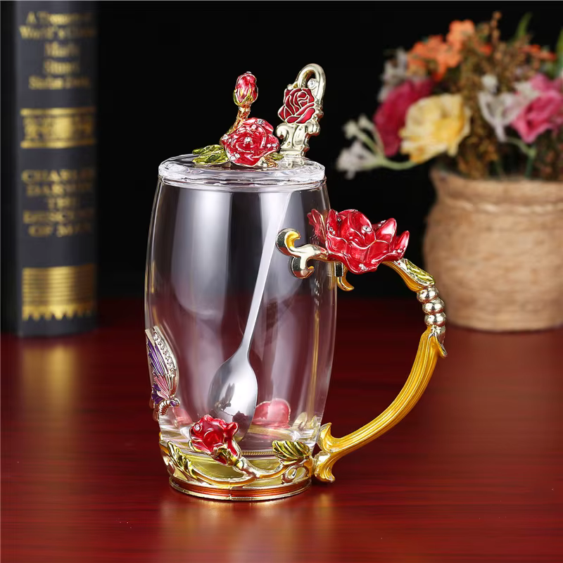 Tasse d'eau en verre émaillé en relief fleur de Rose