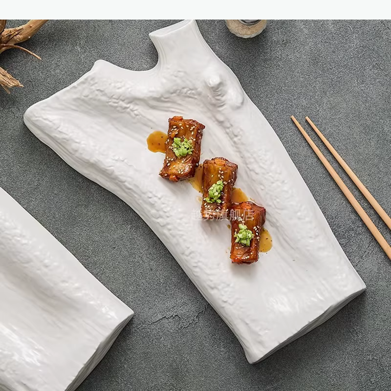 Assiette en céramique blanche mate, assiette de service, assiette à dessert, assiette à collation, assiette à sushi, assiettes en forme de branche d'arbre, vaisselle moléculaire pour restaurant