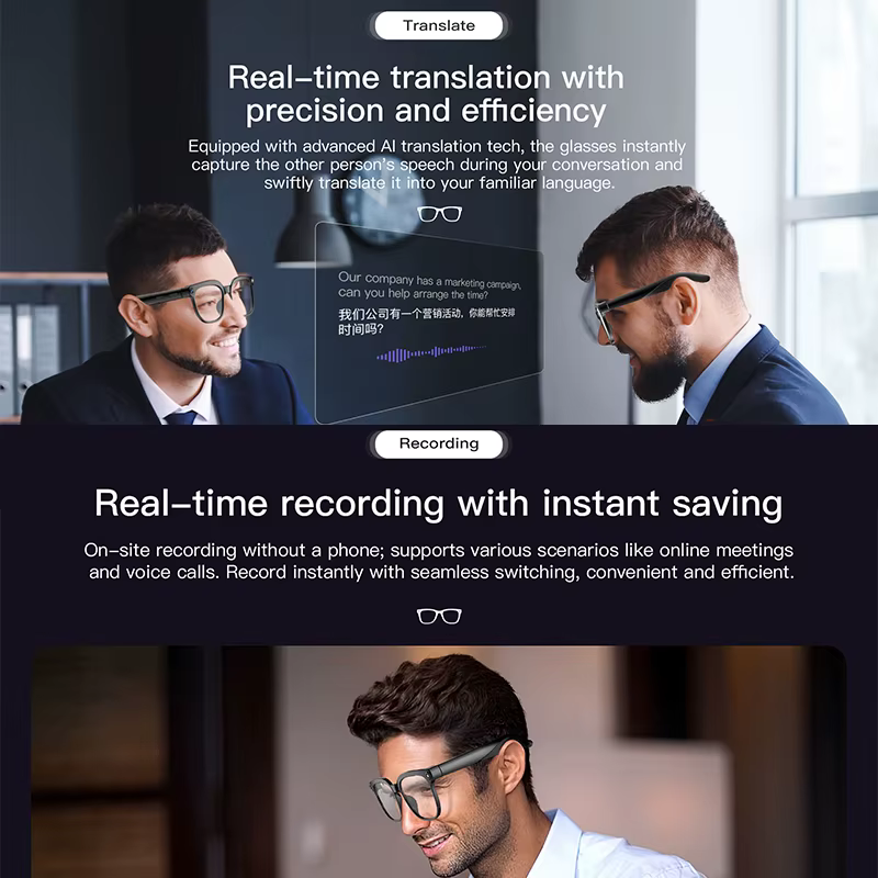 Lunettes Intelligentes IA Assistant Intelligent 2026 Nouveauté Étanche IP65 Caméra HD 800W Prise en Charge de l'Enregistrement Photo et Vidéo Fonction de Traduction IA