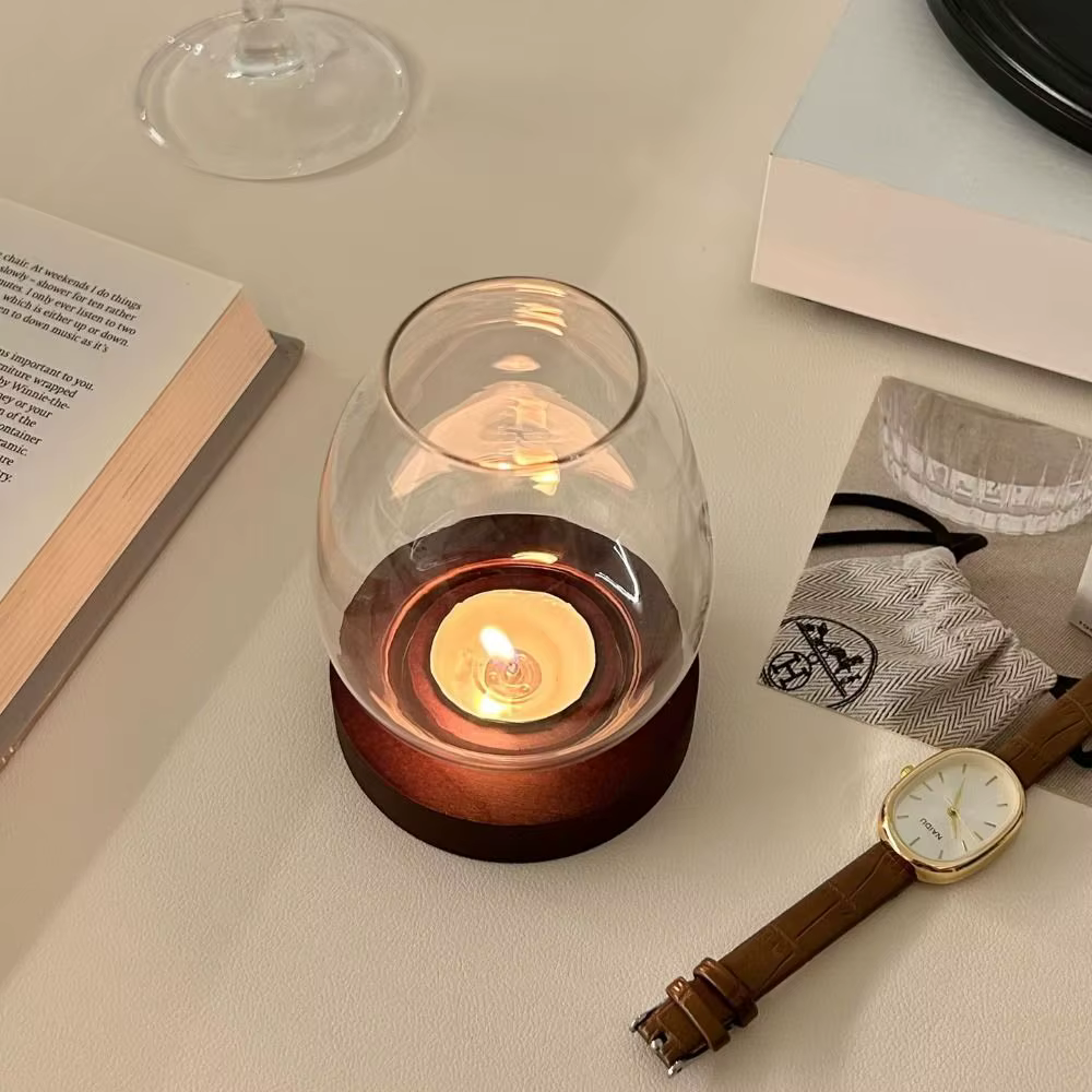 Bougeoirs en verre avec couvercle de tasse rond avec Base en bois