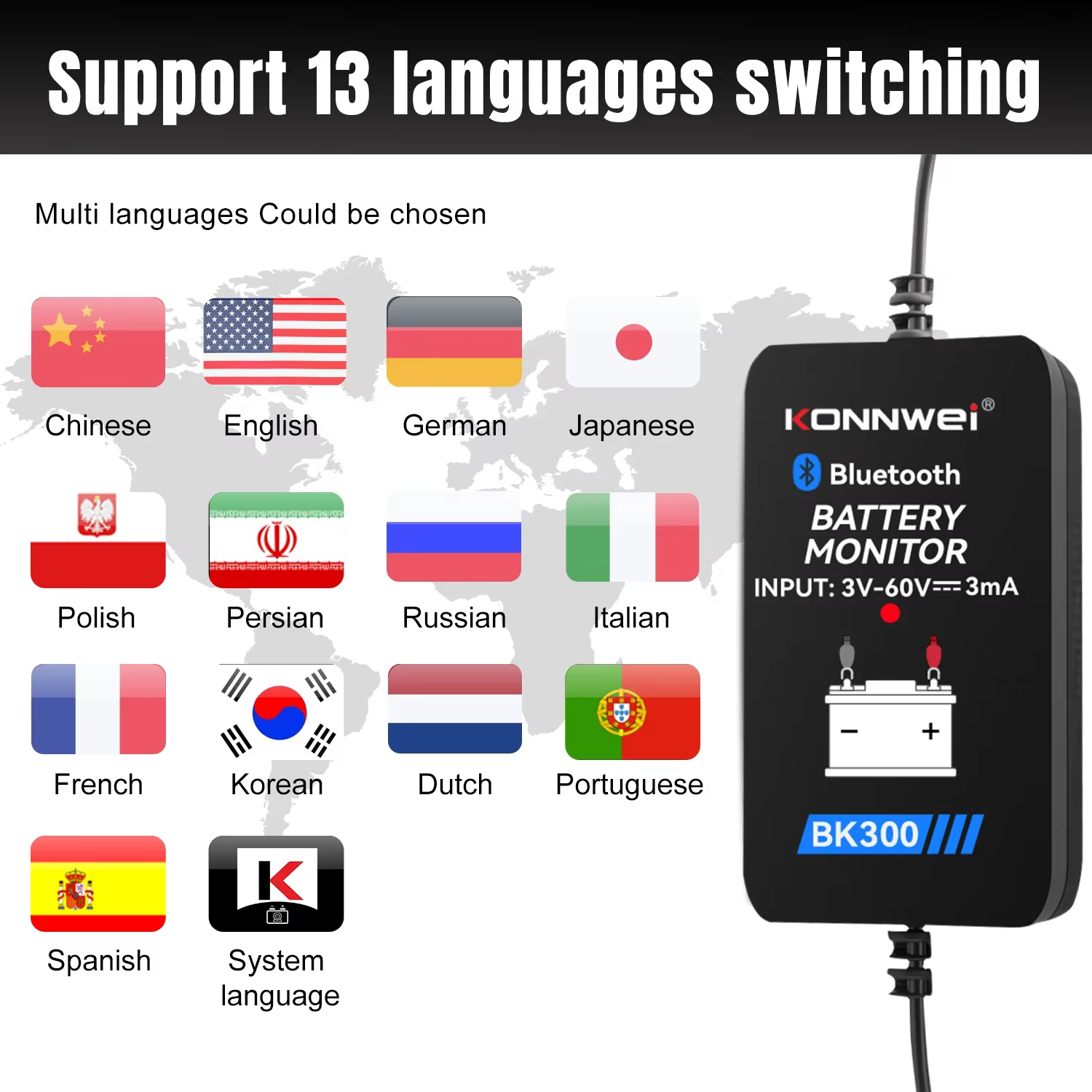 KONNWEI BK300 12V testeur de batterie sans fil Bluetooth 5.2 moniteur de batterie affichage LED SOH SOC analyseur de batterie outils de test automatique