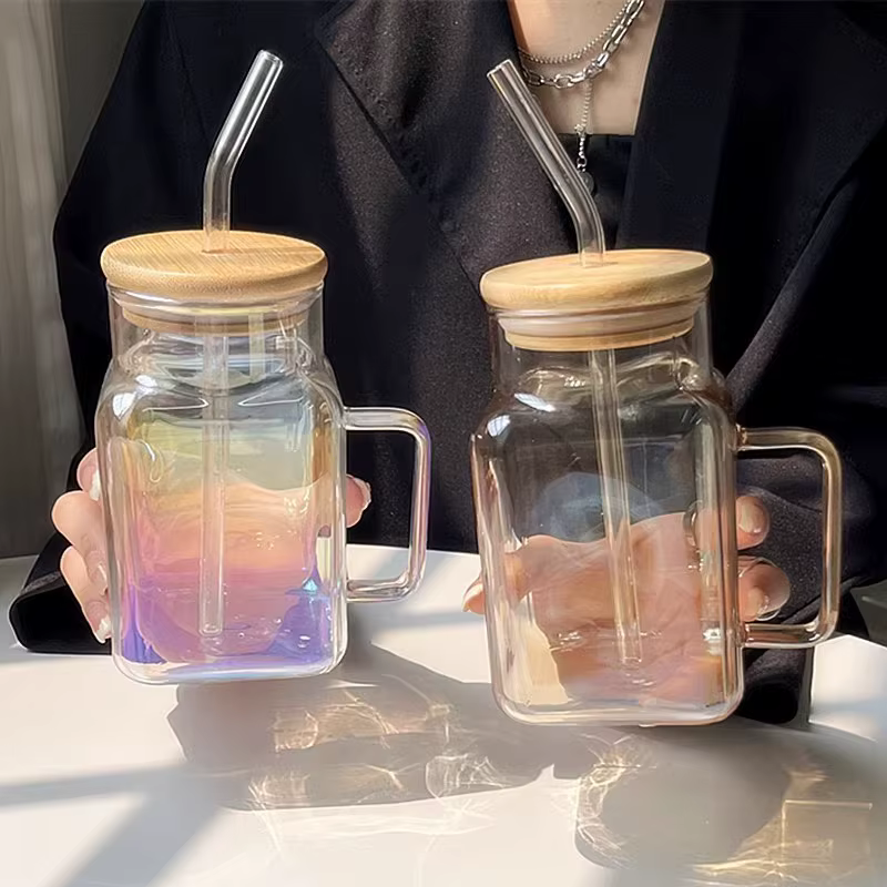 Tasse en verre portable avec couvercle en bambou pour fille