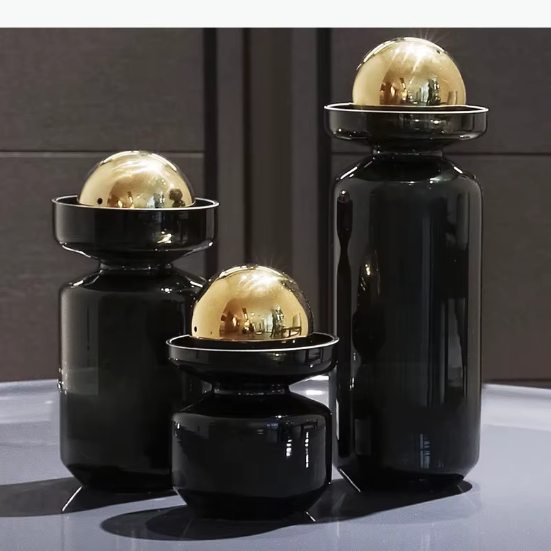 Vase en verre noir avec couvercle en boule dorée, décoration de bureau, arrangement floral, pots de fleurs hydroponiques, décoration esthétique florale pour la pièce