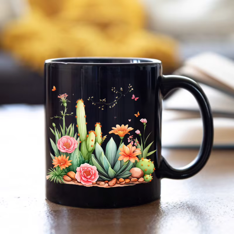 Tasse en céramique Cactus noir et fleurs