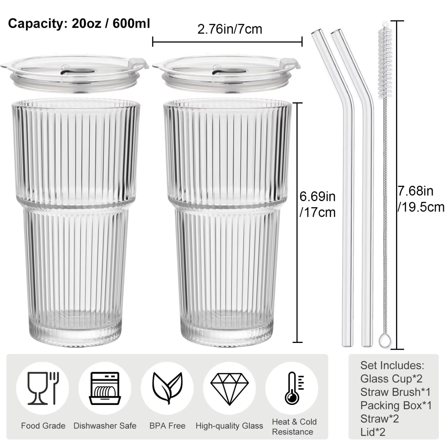 Lot de 2 gobelets en verre côtelé transparent de 20 oz avec paille et couvercle