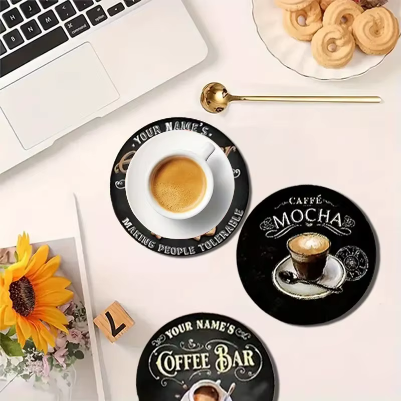 6 ensembles de sous-verres antidérapants en bois avec motifs de tasses à café
