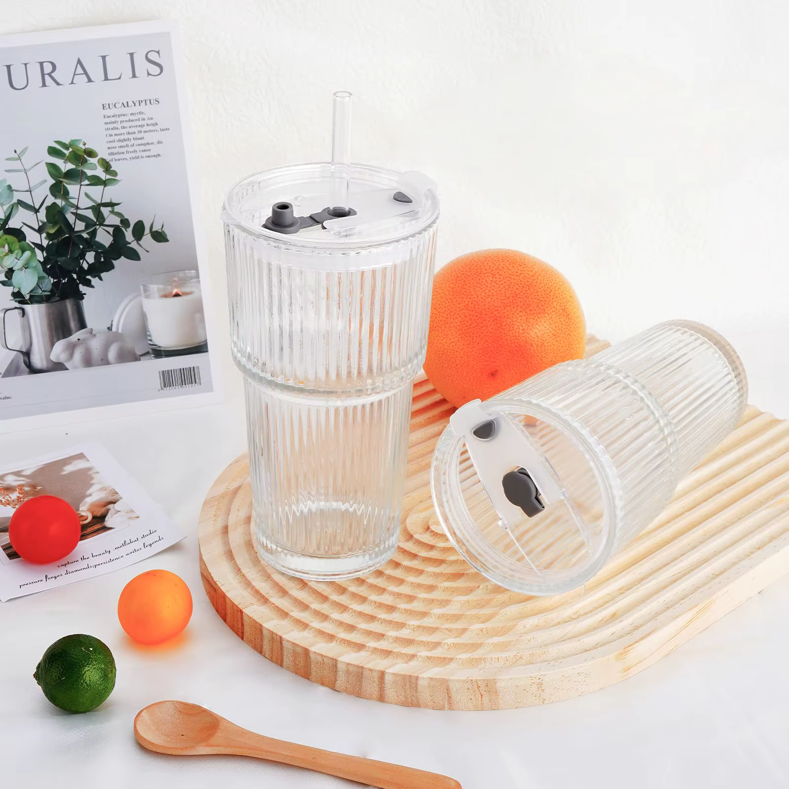 Lot de 2 verres à café glacé avec pailles
