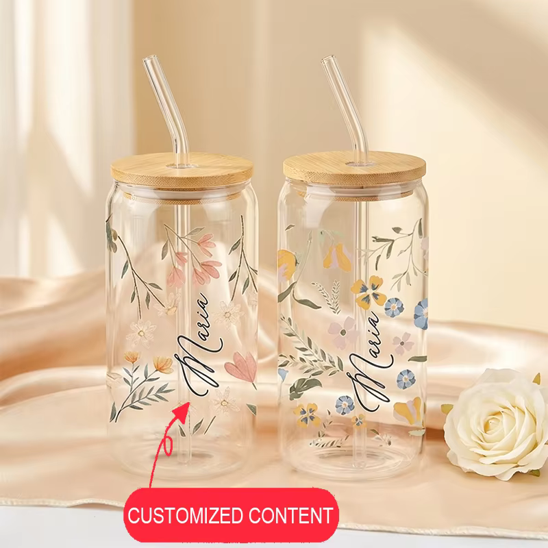 Tasses en verre personnalisées à motif floral 16oz avec couvercle et pailles