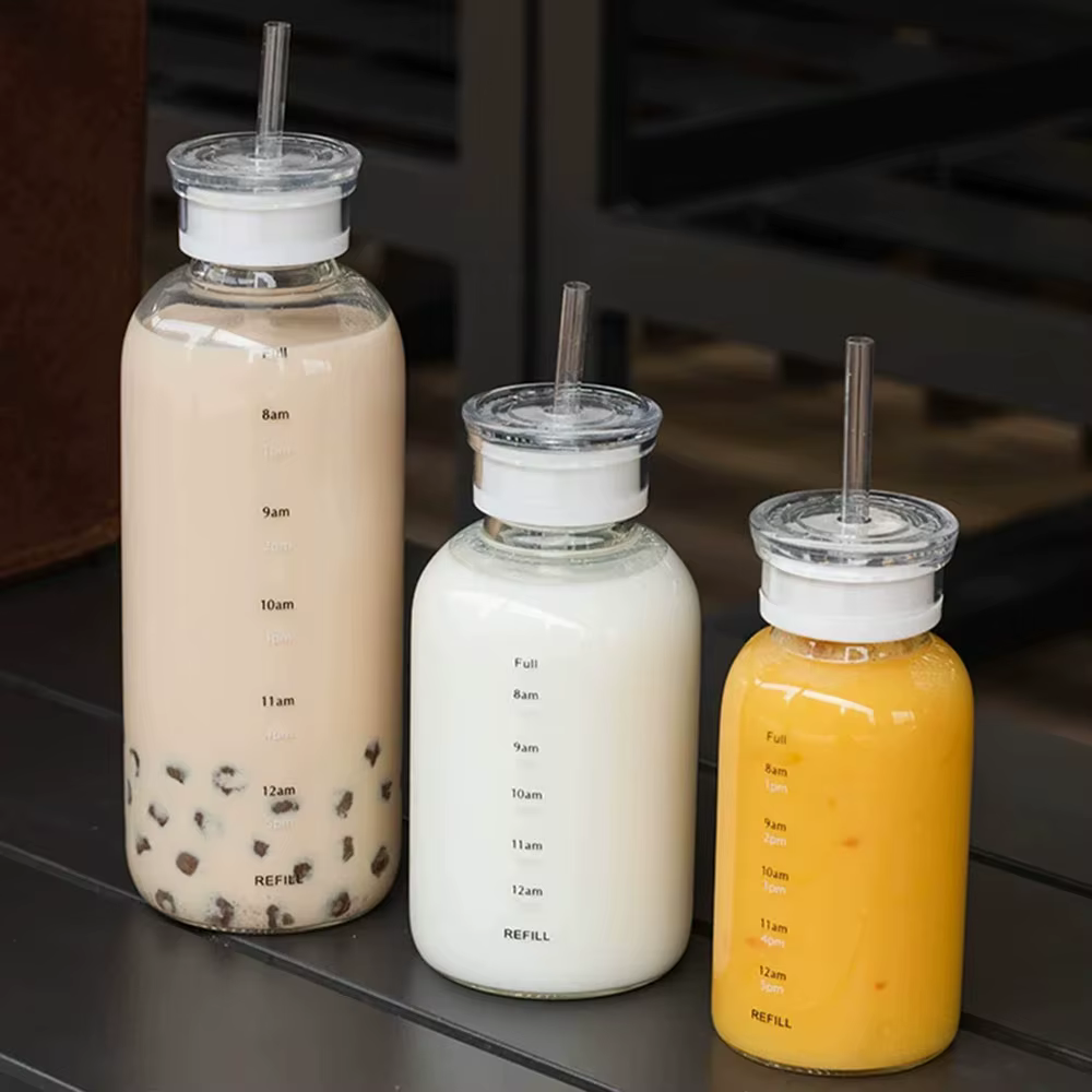 Bouteille d'eau en verre grande capacité 300/500/750 ml avec paille