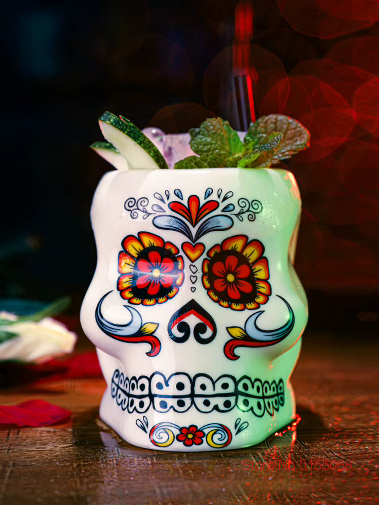 Verre à Cocktail en Céramique avec Motif de Fleur et Crâne