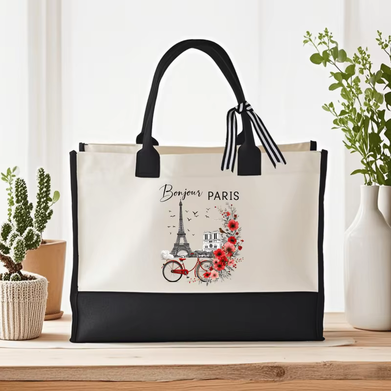 Fourre-tout en toile crème et noire avec "Bonjour Paris"