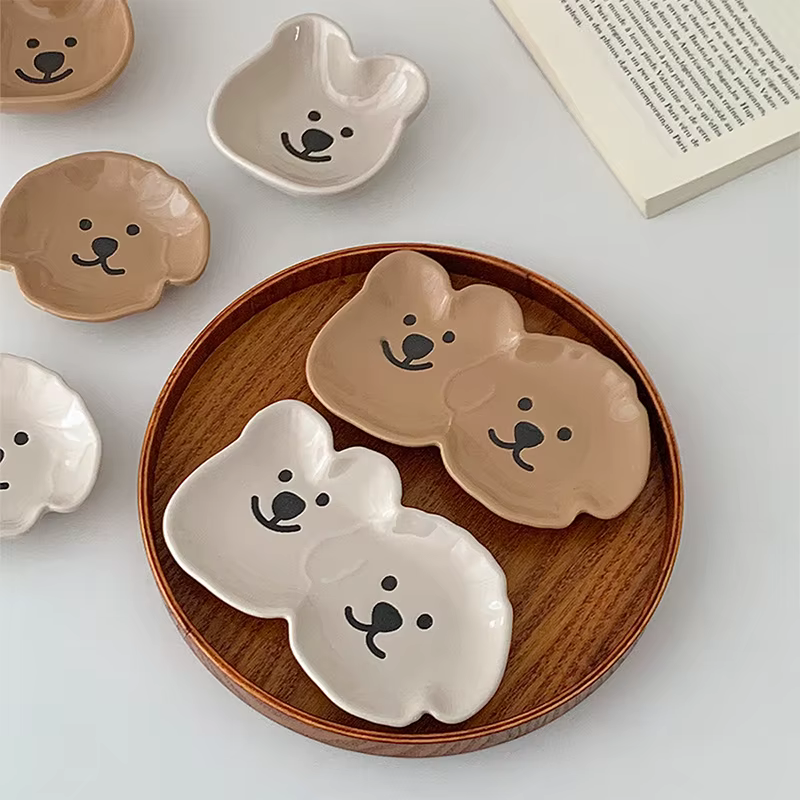 Adorable plat à sauce en céramique avec motif de chien et d'ours mignon – Bol à tremper simple/double compartiment pour