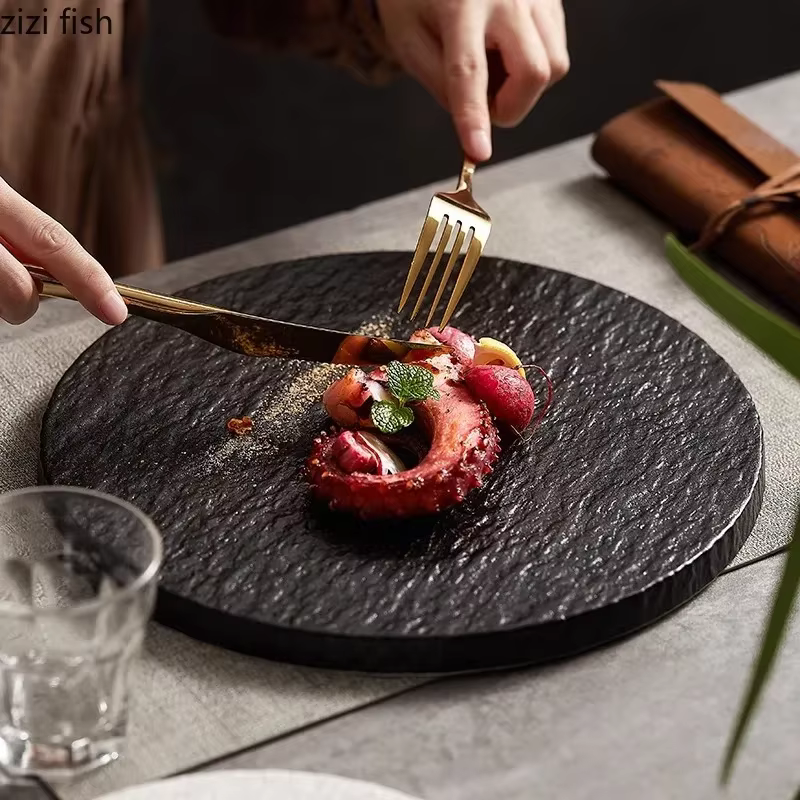 Assiette en céramique à motifs de pierre, assiette à Steak, assiette de service, assiettes à gâteaux, Dessert, plat à Sushi, Cuisine moléculaire, vaisselle de Restaurant