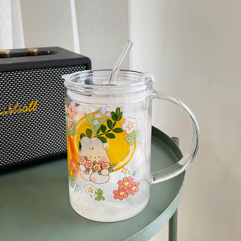 Tasse en verre avec couvercle en paille en forme de lapin mignon, Kawaii, pour café, lait, bière, vin, verres à boire, tasse pour eau et jus coréens, cadeau