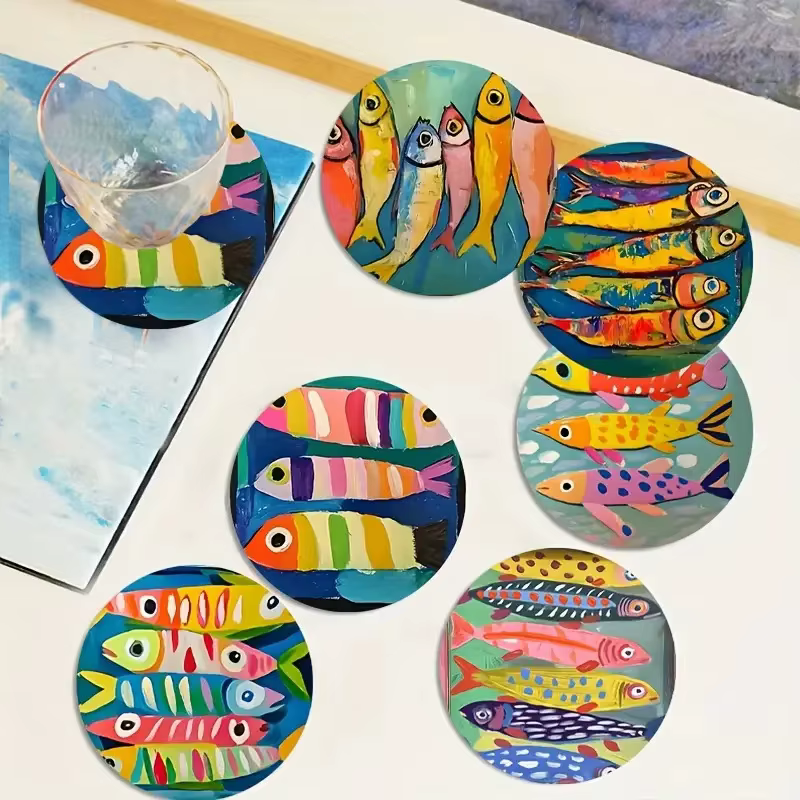 Dessous de verre circulaire en bois coloré 2D