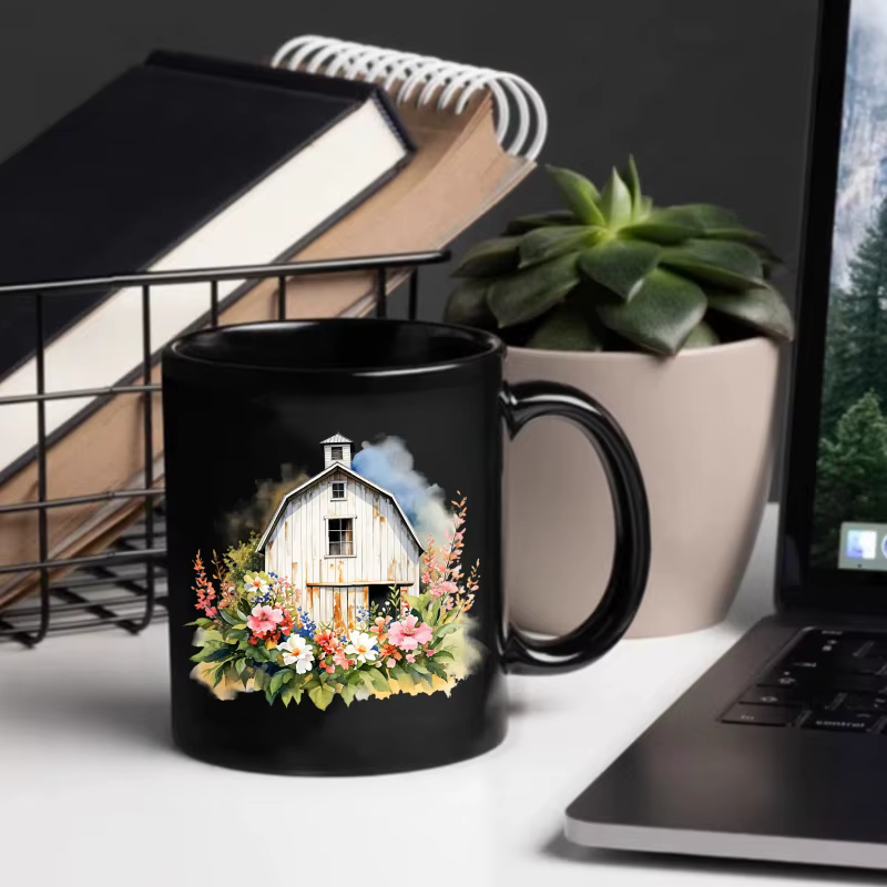 Tasse à café en céramique avec grange de ferme noire avec motifs floraux et légumes pour la maison
